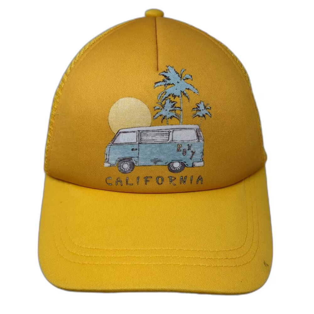 Roxy Trucker Hat Yellow Blue OS California Van Palm Trees Graphic Snapback